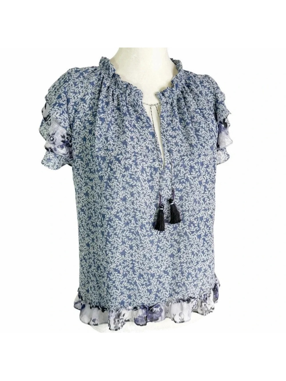Misa Olga Ruffle Sleeve Mixed Print Boho Blouse Top Blue Size M